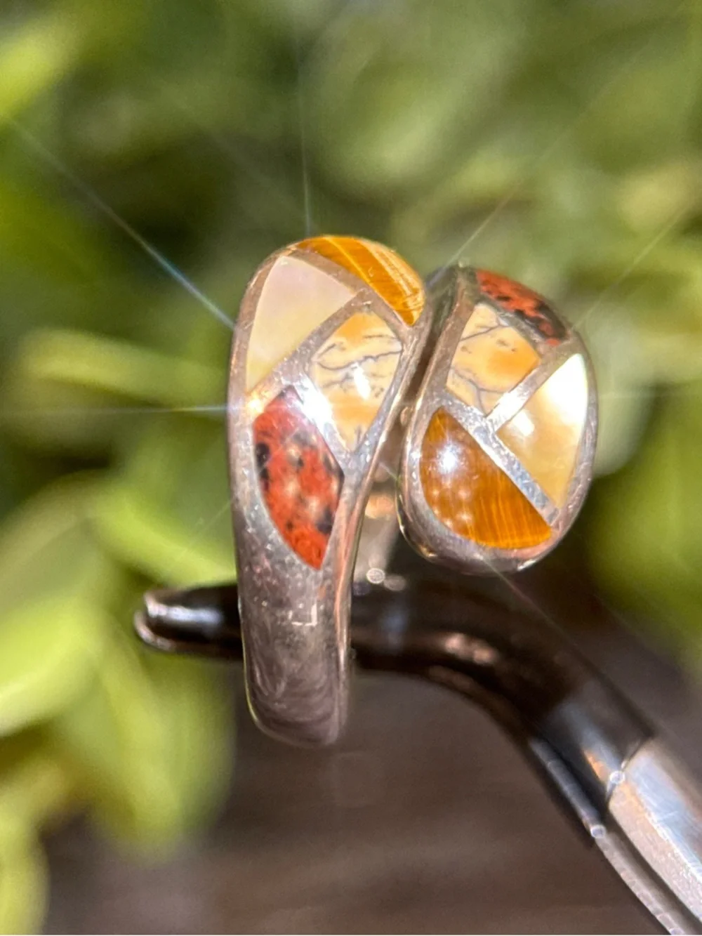 Sterling Silver 925 Multi-Stone Inlay Silver Wrap Ring - Brown, Tan, Cream Inlay